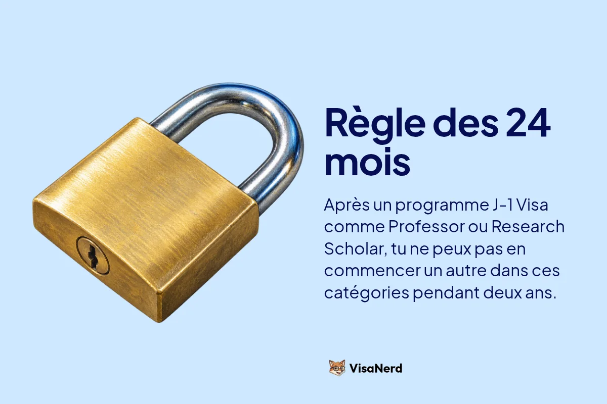 Règle des 24 mois: Après un programme J-1 Visa comme Professor ou Research Scholar, tu ne peux pas en commencer un autre dans ces catégories pendant deux ans.
