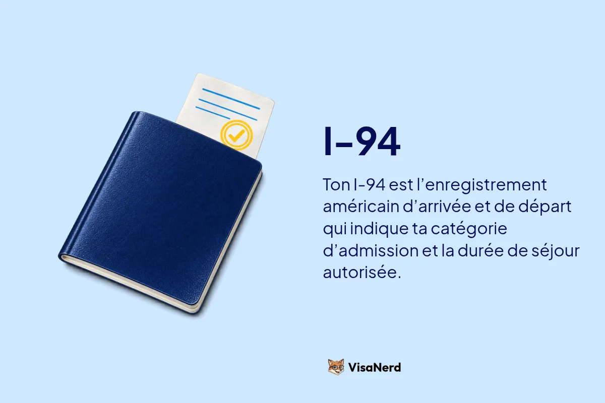 I-94: Ton I-94 est l’enregistrement américain d’arrivée et de départ qui indique ta catégorie d’admission et la durée de séjour autorisée.