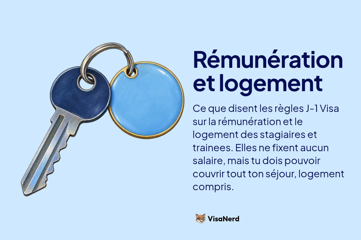 Rémunération et logement: Ce que disent les règles J-1 Visa sur la rémunération et le logement des stagiaires et trainees. Elles ne fixent aucun salaire, mais tu dois pouvoir couvrir tout ton séjour, logement compris.