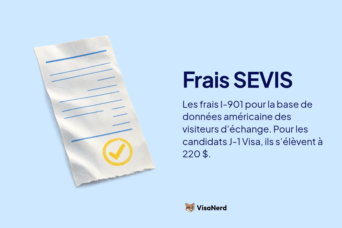 Frais SEVIS: Les frais I-901 pour la base de données américaine des visiteurs d’échange. Pour les candidats J-1 Visa, ils s’élèvent à 220 $.