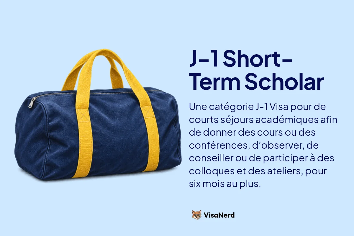 J-1 Short-Term Scholar: Une catégorie J-1 Visa pour de courts séjours académiques afin de donner des cours ou des conférences, d’observer, de conseiller ou de participer à des colloques et des ateliers, pour six mois au plus.