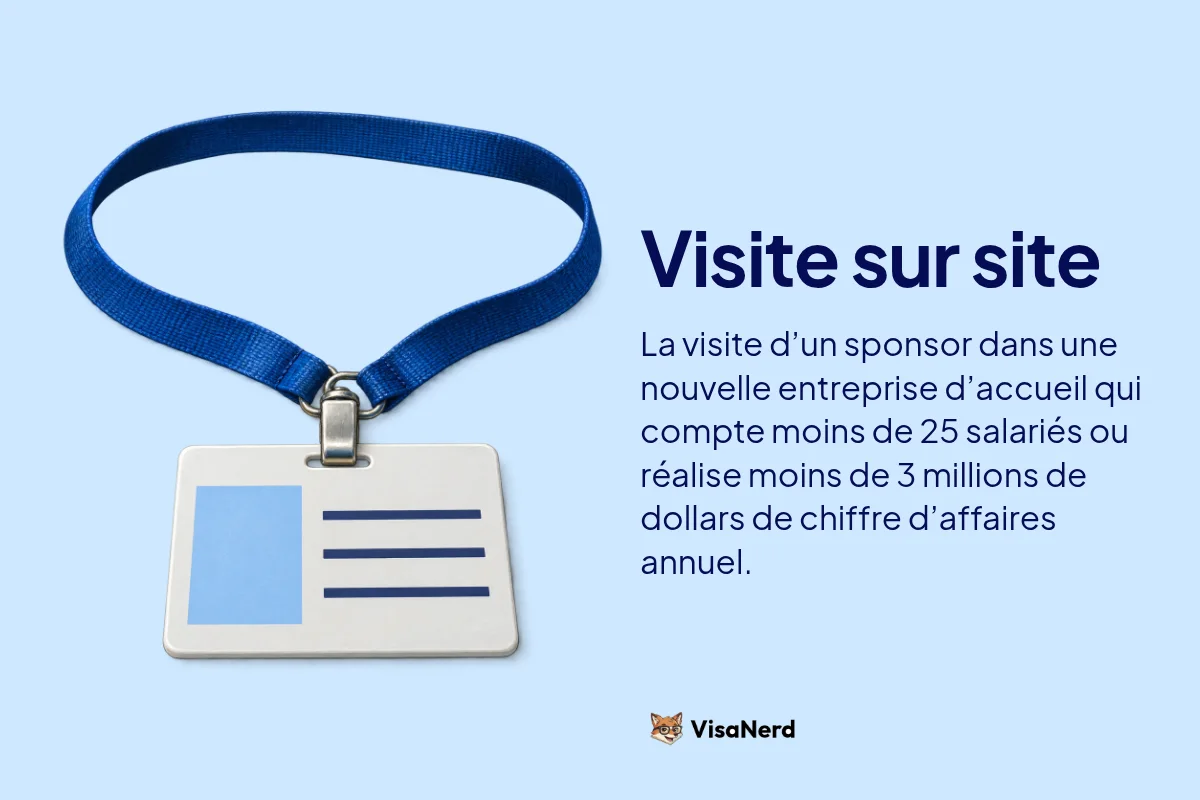 Visite sur site: La visite d’un sponsor dans une nouvelle entreprise d’accueil qui compte moins de 25 salariés ou réalise moins de 3 millions de dollars de chiffre d’affaires annuel.