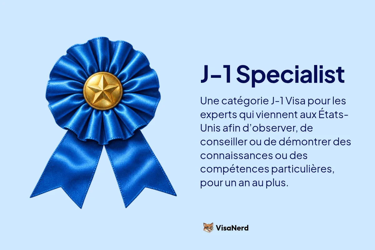 J-1 Specialist: Une catégorie J-1 Visa pour les experts qui viennent aux États-Unis afin d’observer, de conseiller ou de démontrer des connaissances ou des compétences particulières, pour un an au plus.