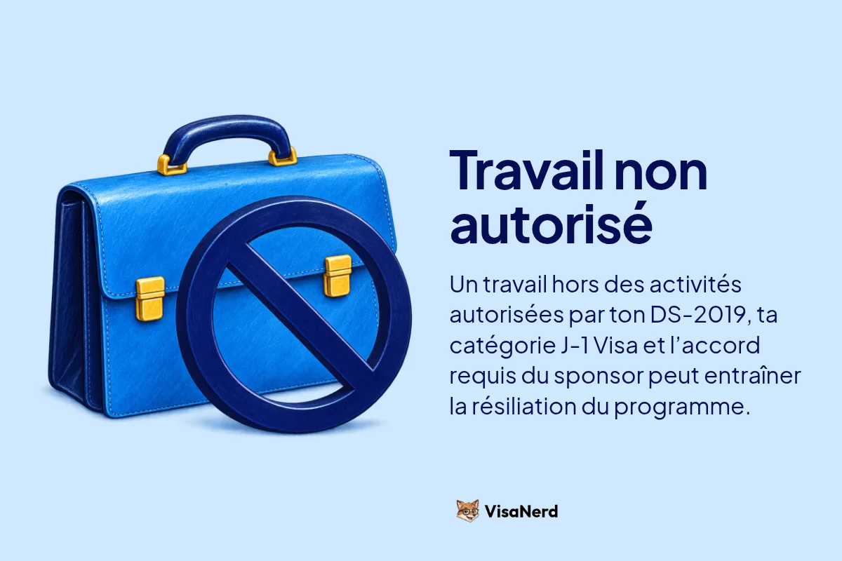 Travail non autorisé: Un travail hors des activités autorisées par ton DS-2019, ta catégorie J-1 Visa et l’accord requis du sponsor peut entraîner la résiliation du programme.