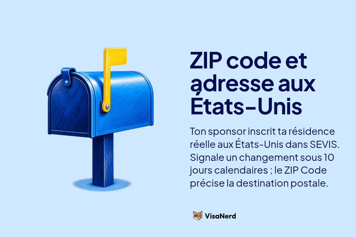 ZIP code et adresse aux États-Unis: Ton sponsor inscrit ta résidence réelle aux États-Unis dans SEVIS. Signale un changement sous 10 jours calendaires ; le ZIP Code précise la destination postale.