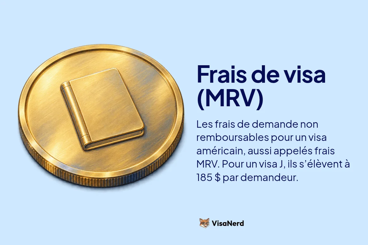 Frais de visa (MRV): Les frais de demande non remboursables pour un visa américain, aussi appelés frais MRV. Pour un visa J, ils s’élèvent à 185 $ par demandeur.