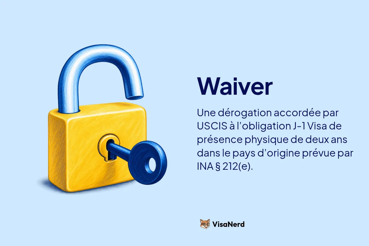 Waiver: Une dérogation accordée par USCIS à l’obligation J-1 Visa de présence physique de deux ans dans le pays d’origine prévue par INA § 212(e).