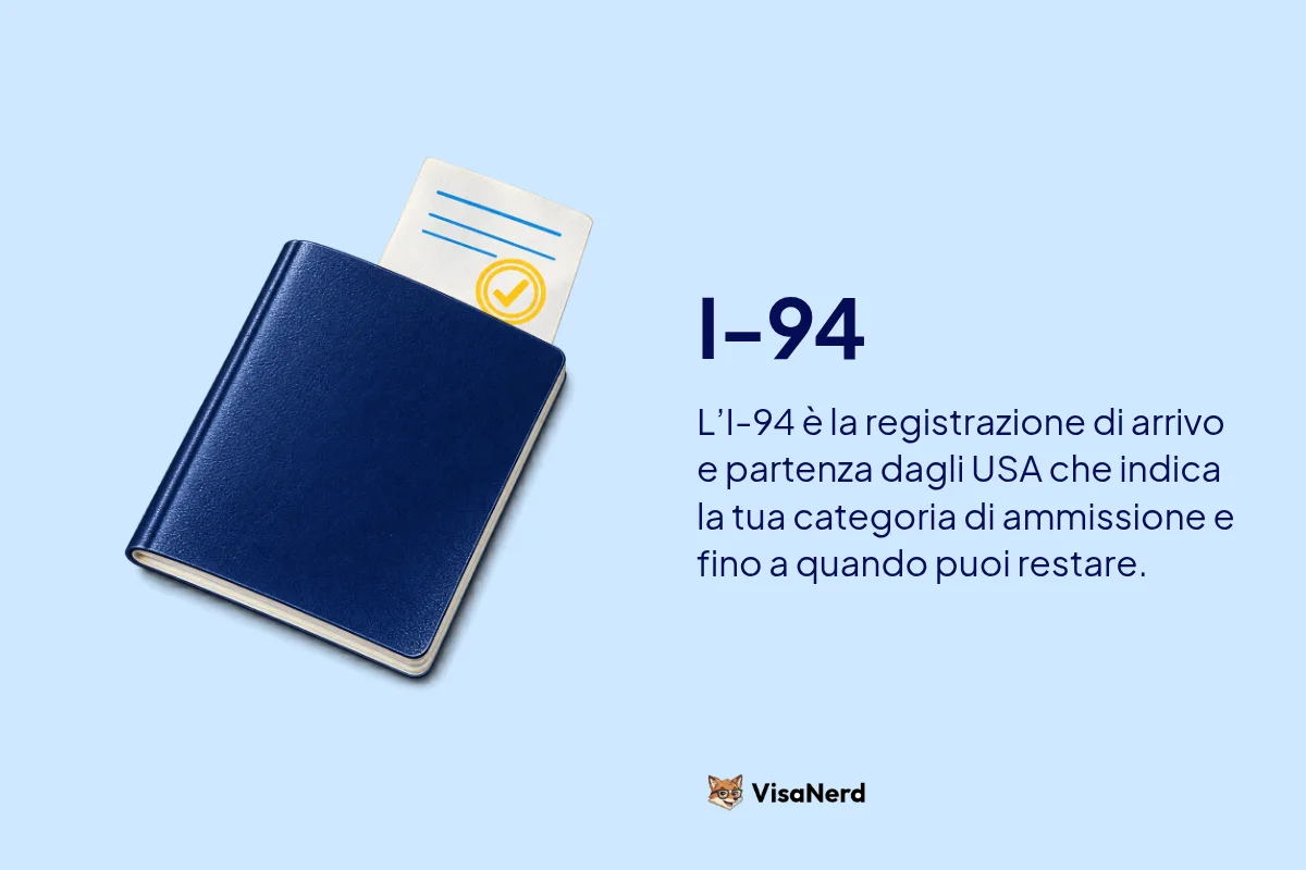 I-94: L’I-94 è la registrazione di arrivo e partenza dagli USA che indica la tua categoria di ammissione e fino a quando puoi restare.