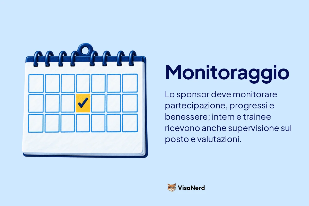 Monitoraggio: Lo sponsor deve monitorare partecipazione, progressi e benessere; intern e trainee ricevono anche supervisione sul posto e valutazioni.