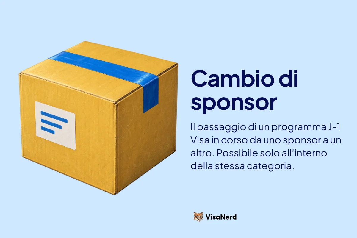Cambio di sponsor: Il passaggio di un programma J-1 Visa in corso da uno sponsor a un altro. Possibile solo all’interno della stessa categoria.