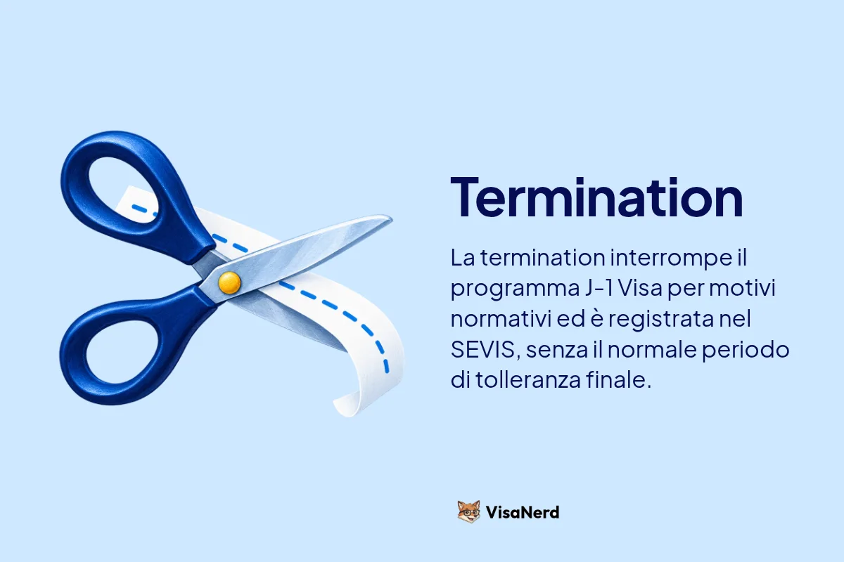 Termination: La termination interrompe il programma J-1 Visa per motivi normativi ed è registrata nel SEVIS, senza il normale periodo di tolleranza finale.