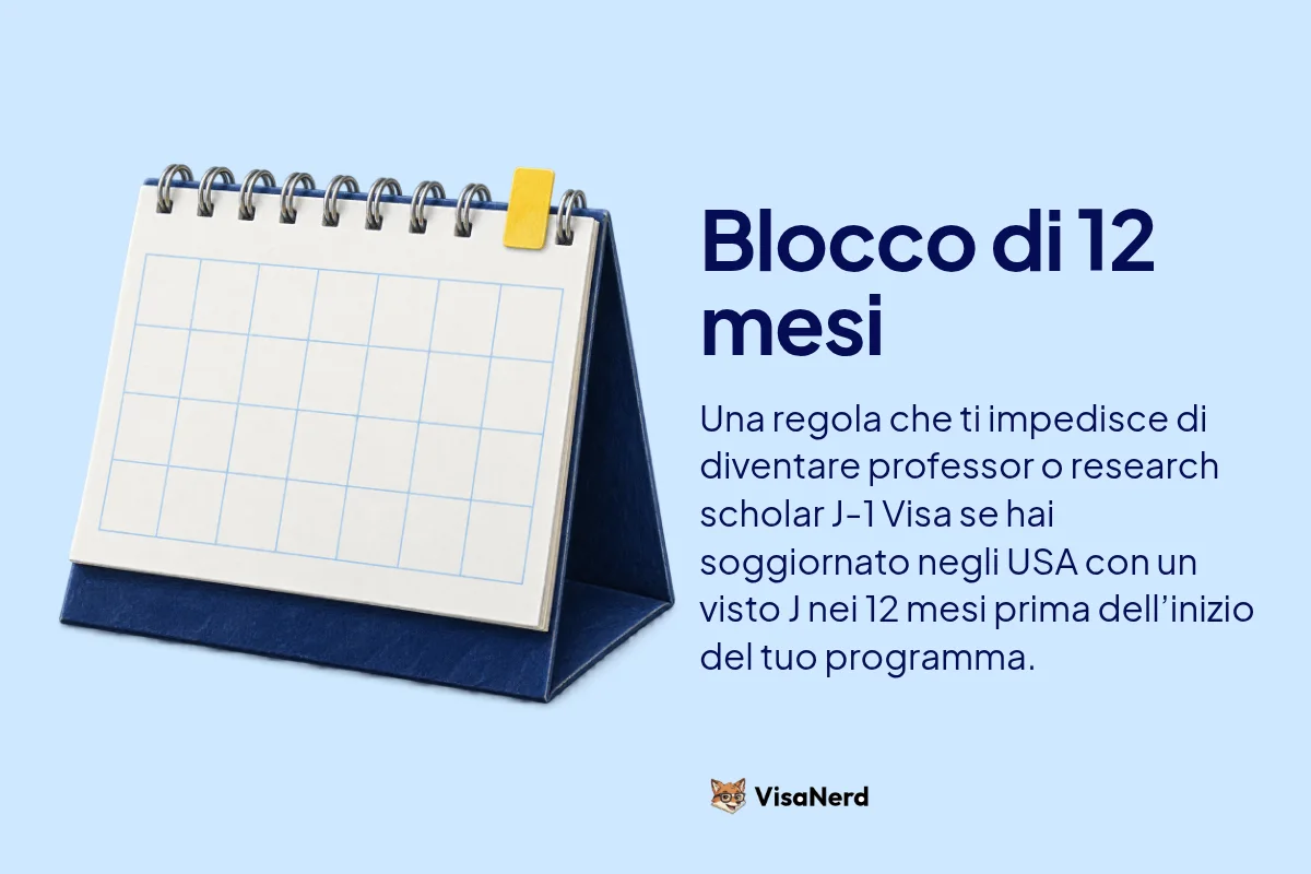 Blocco di 12 mesi: Una regola che ti impedisce di diventare professor o research scholar J-1 Visa se sei stato negli USA con un visto J nei 12 mesi prima dell’inizio del programma.