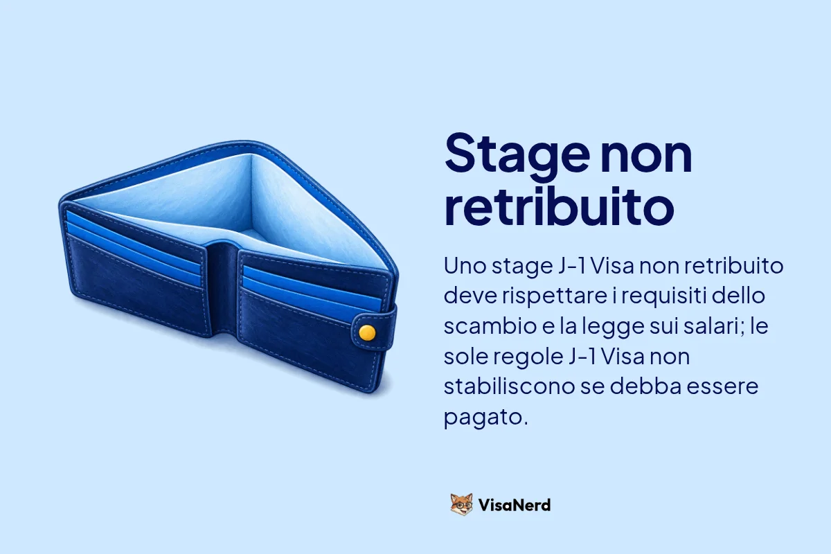 Stage non retribuito: Uno stage J-1 Visa non retribuito deve rispettare i requisiti dello scambio e la legge sui salari; le sole regole J-1 Visa non stabiliscono se debba essere pagato.