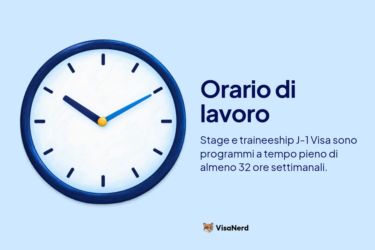 Orario di lavoro: Stage e traineeship J-1 Visa sono programmi a tempo pieno di almeno 32 ore settimanali.