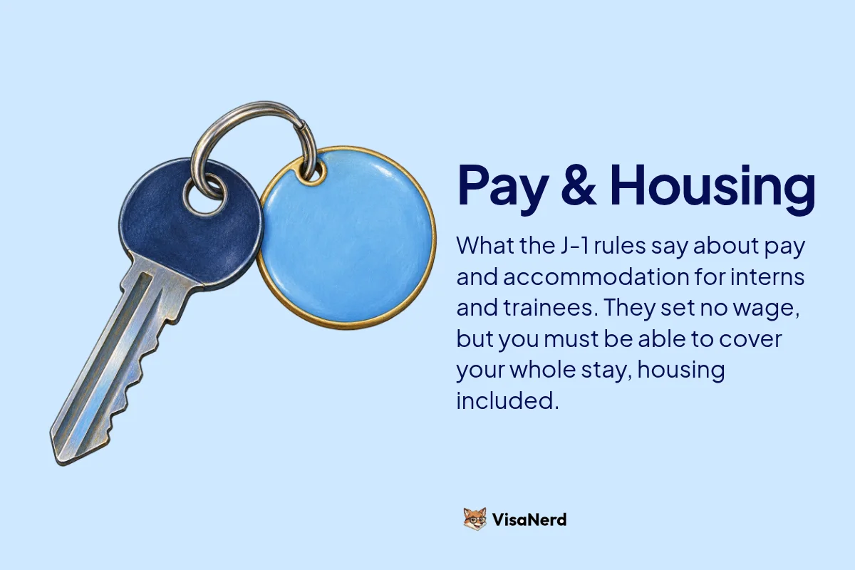 Pay & Housing: What the J-1 rules say about pay and accommodation for interns and trainees. They set no wage, but you must be able to cover your whole stay, housing included.
