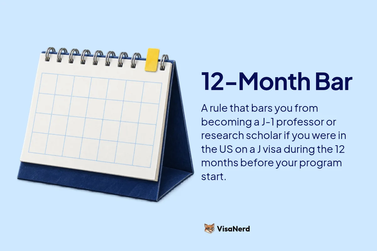 12-Month Bar: A rule that bars you from becoming a J-1 professor or research scholar if you were in the US on a J visa during the 12 months before your program start.