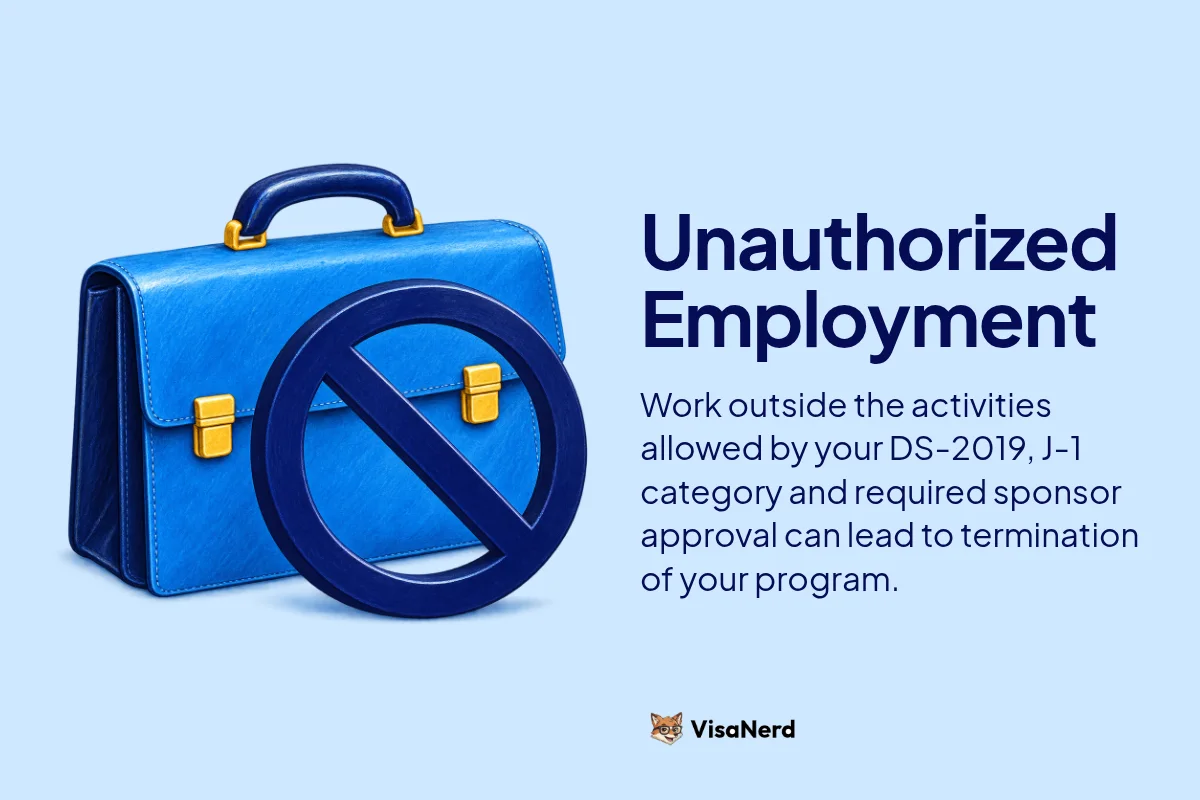 Unauthorized Employment: Work outside the activities allowed by your DS-2019, J-1 category and required sponsor approval can lead to termination of your program.