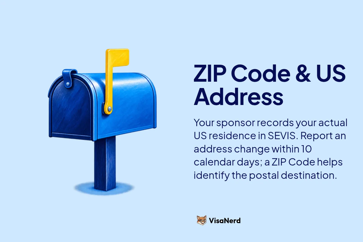 ZIP Code & US Address: Your sponsor records your actual US residence in SEVIS. Report an address change within 10 calendar days; a ZIP Code helps identify the postal destination.