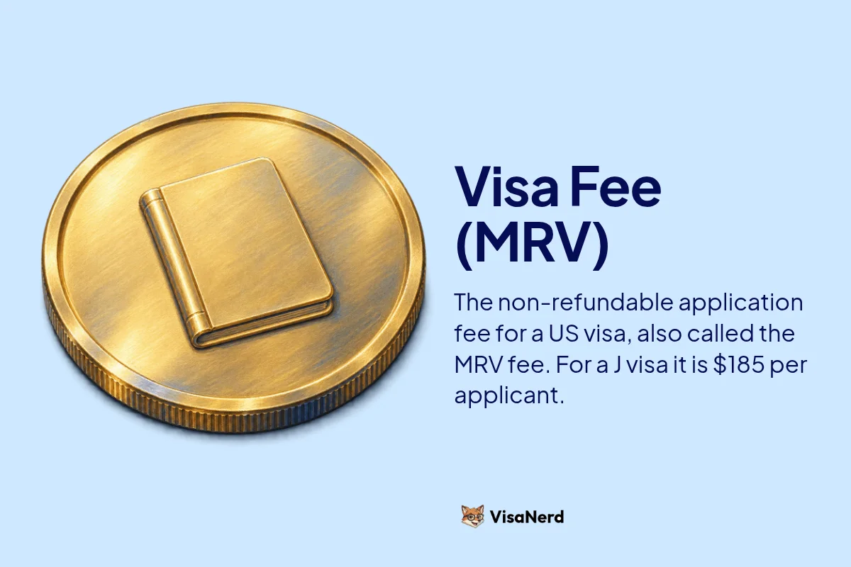 Visa Fee (MRV): The non-refundable application fee for a US visa, also called the MRV fee. For a J visa it is $185 per applicant.