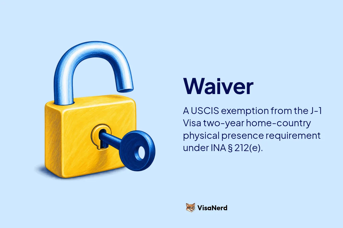 Waiver: A USCIS exemption from the J-1 Visa two-year home-country physical presence requirement under INA § 212(e).
